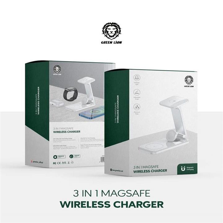 شارژر وایرلس مگ سیف دار 3 کاره گرین لاین Green Lion 3IN1 Magsafe Charger Green Lion 3 IN 1 MagSafe Wireless Charger